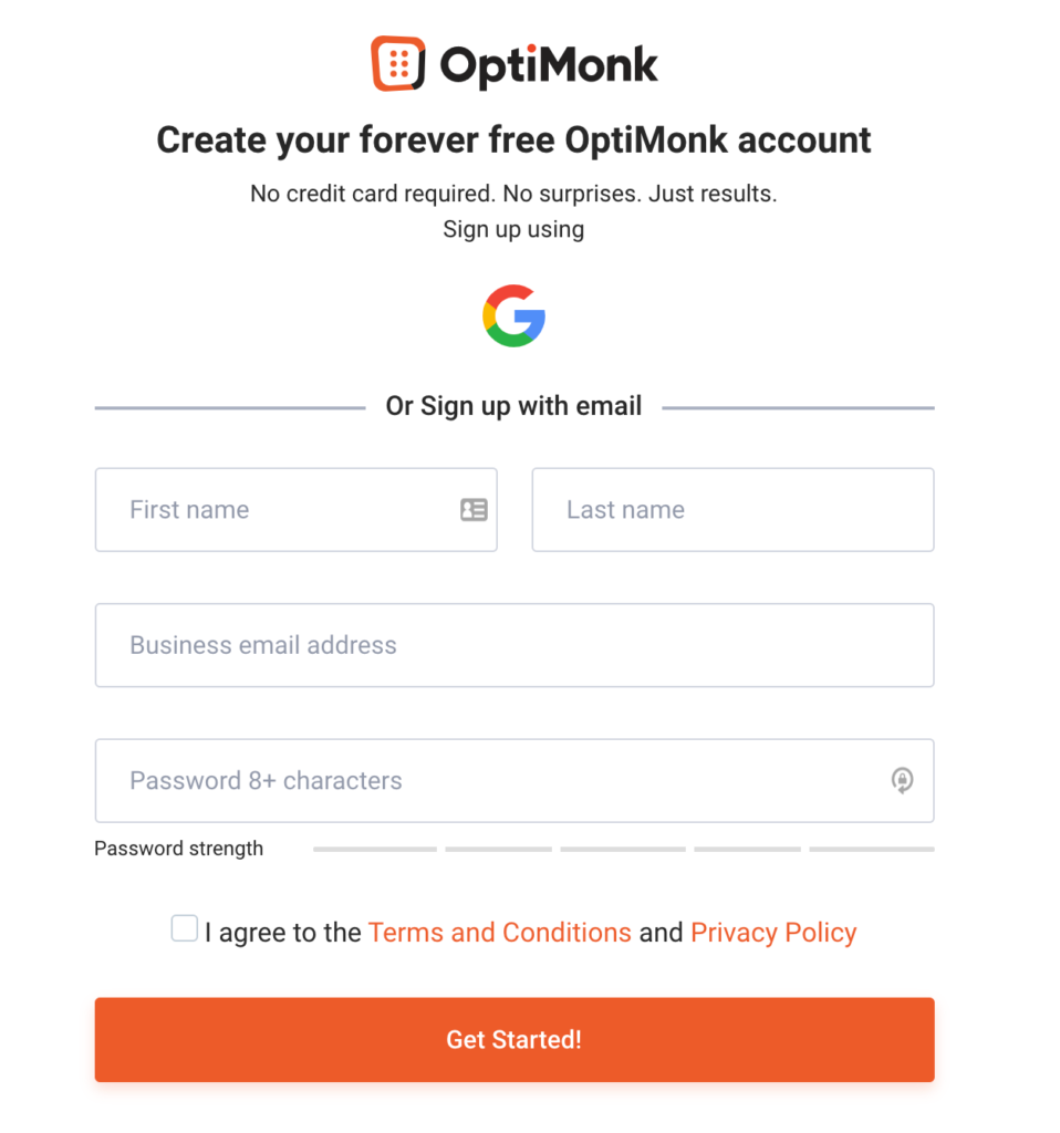 SaaS short sign up form from OptiMonk