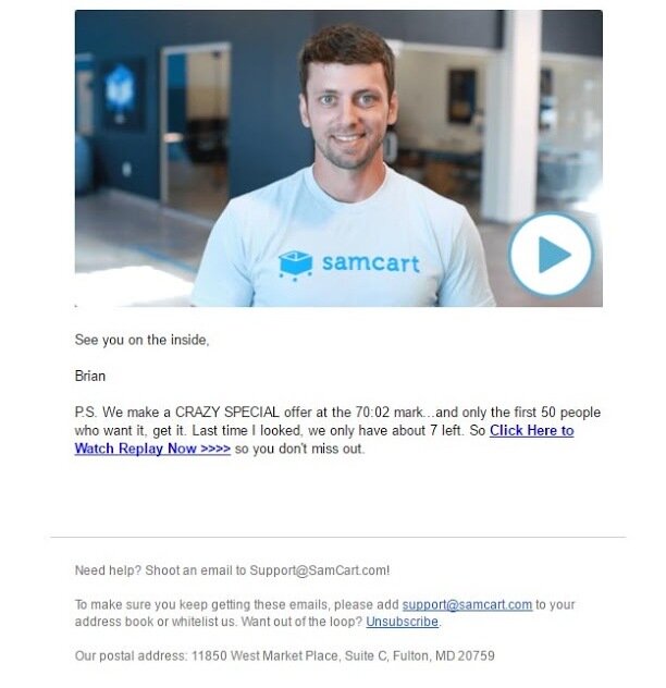 Post-webinar follow up emails example Samcart