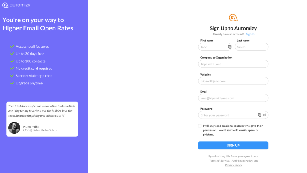SaaS sign up form example