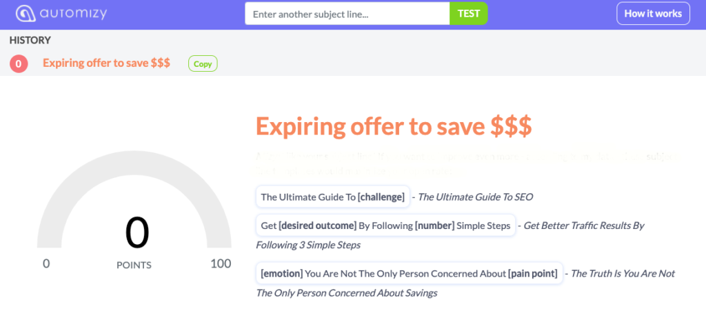 Spammy email subject line tested in Automizy's subject line tester and got a zero score