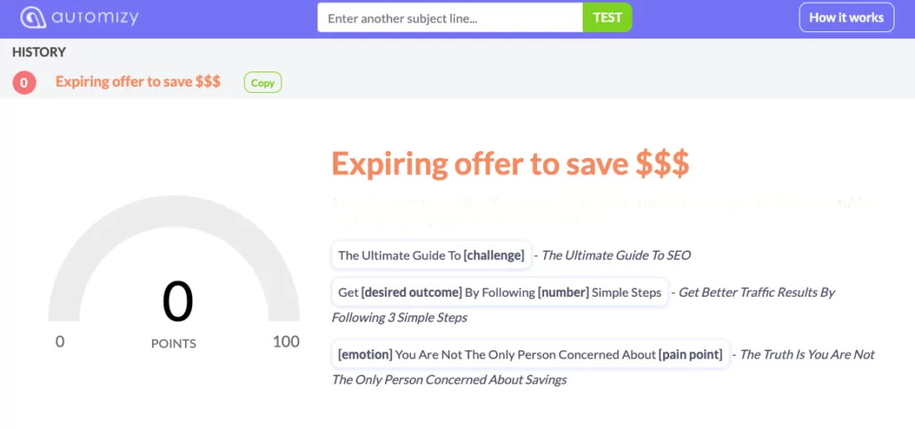 Spammy email subject line tested in Automizy's subject line tester and got a zero score