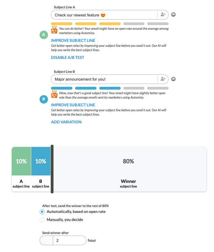 AB testing subject line Automizy