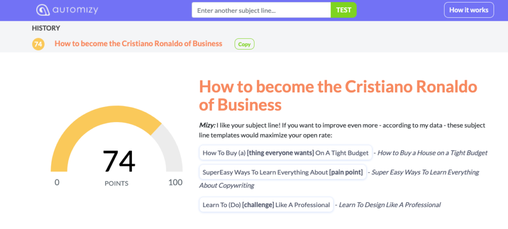 Mizy Email subject line tester to score your subject lines before sending to increase email open rate