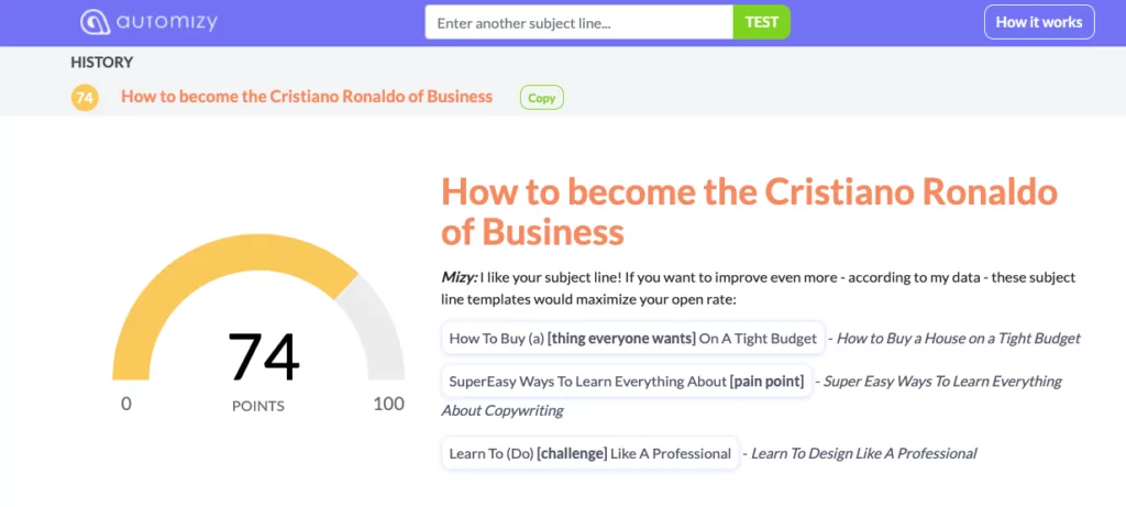 Mizy Email subject line tester to score your subject lines before sending to increase email open rate