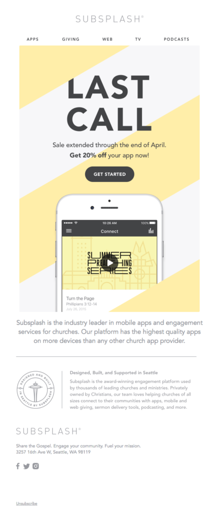 Subsplash promotional email example