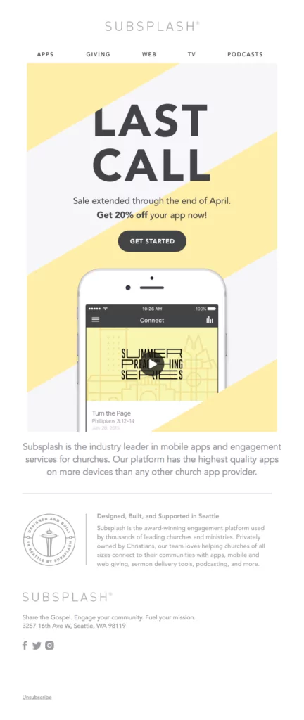 Subsplash promotional email example