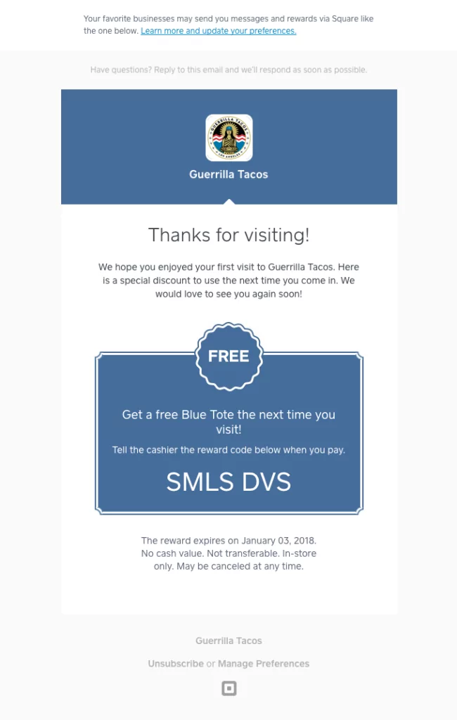 Thank you email template for in-store first-time customers