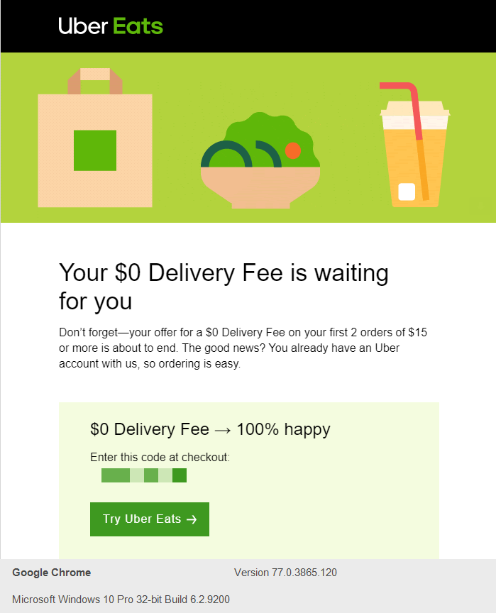 UberEats "Your $0 Delivery fee is waiting for you" Follow-Up Sequence template