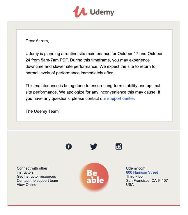 Udemy apology email template