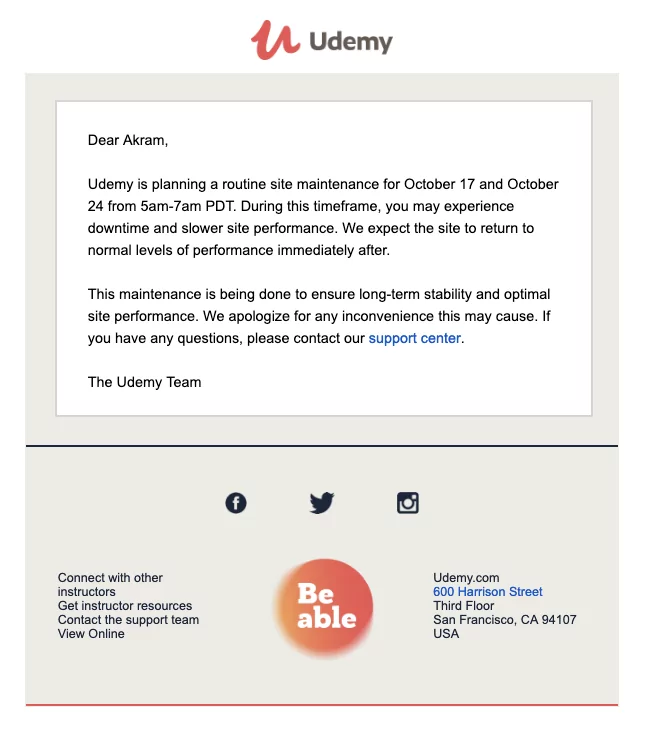 Udemy apology email template