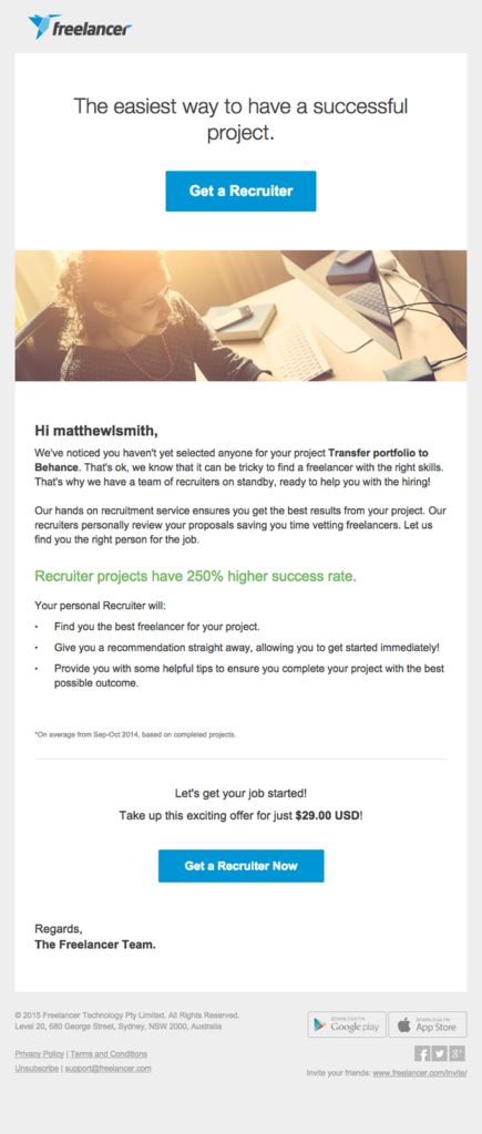 Freelancer upsell email example to customers