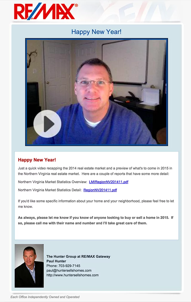 Real estate email idea to send on new years with a video to increase engagement and get closer to your customers