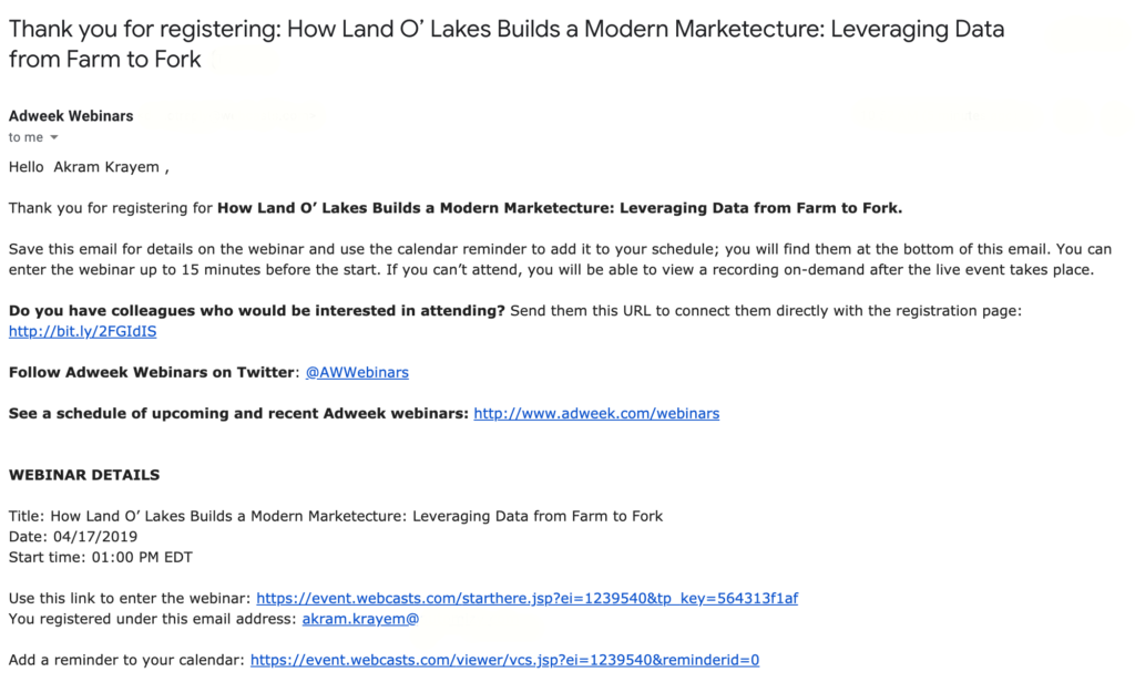Farm to Fork webinar confirmation﻿ email example