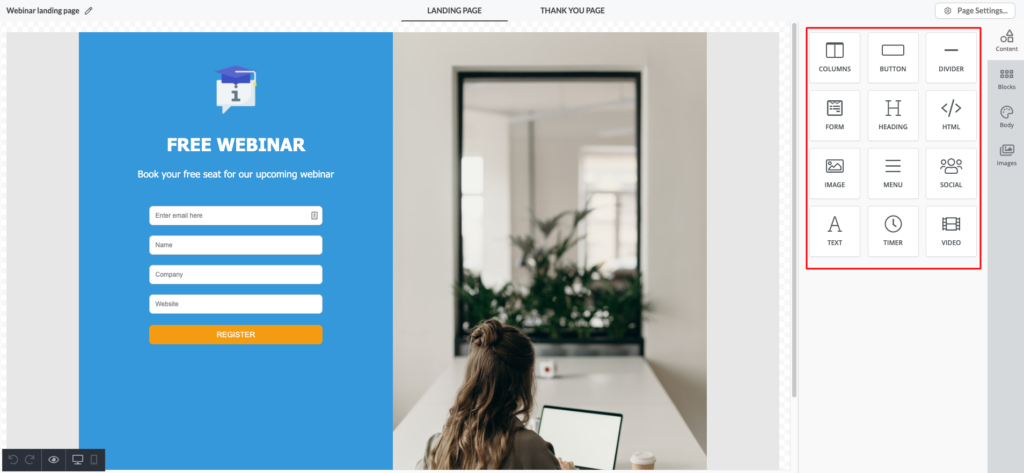 Webinar landing page builder in Automizy to use webinars for lead generation
