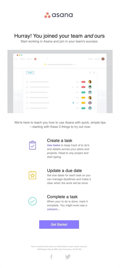 Asana "Hurray! You joined your team and ours" welcome email design