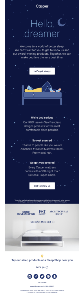 Casper "Hello, dreamer" email example