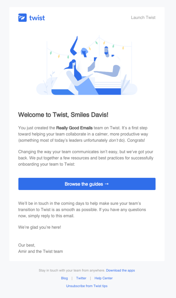 Twist "Welcome to Twist, Smiles Davis!" welcome email template