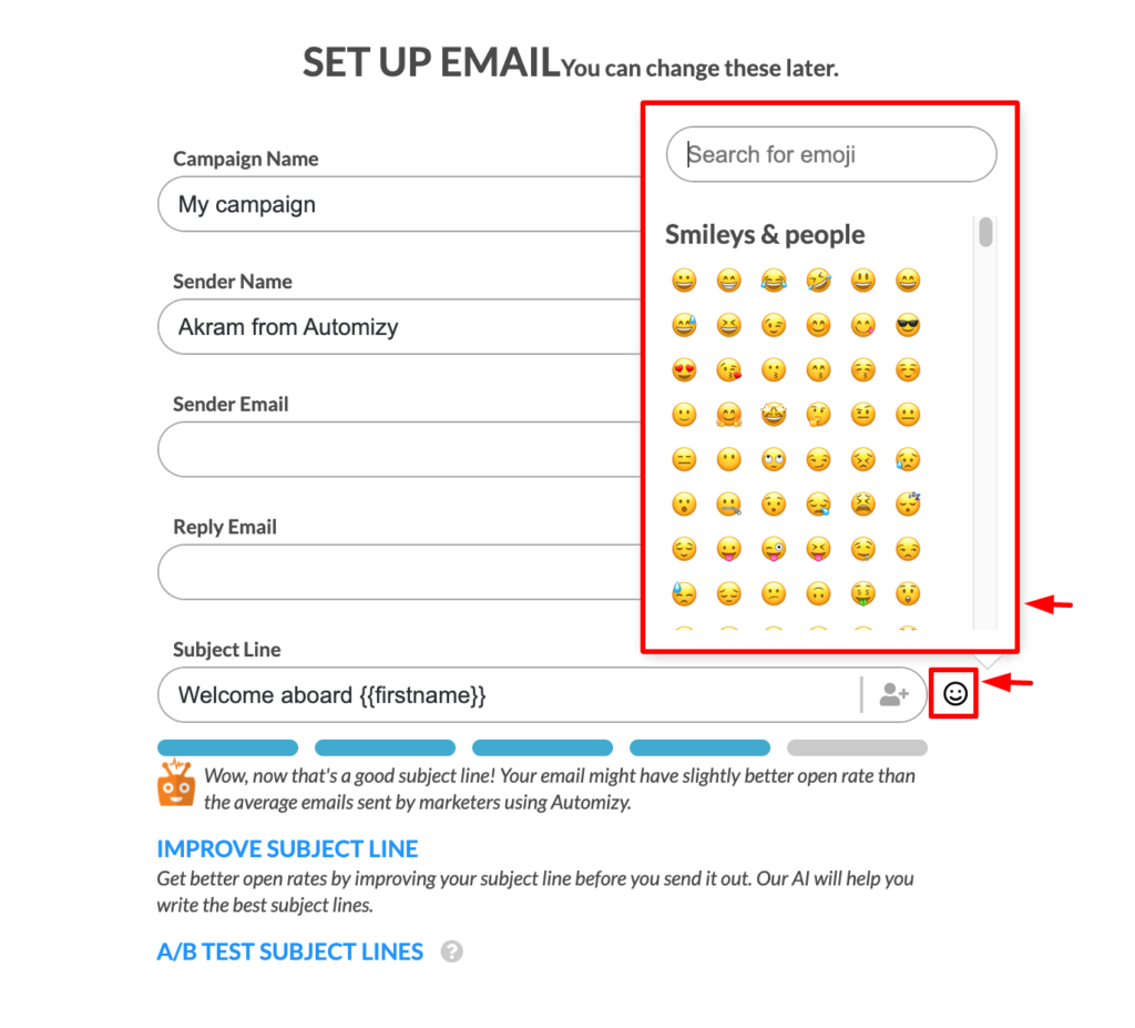 how to add emojis to email subject lines lines in Automizy