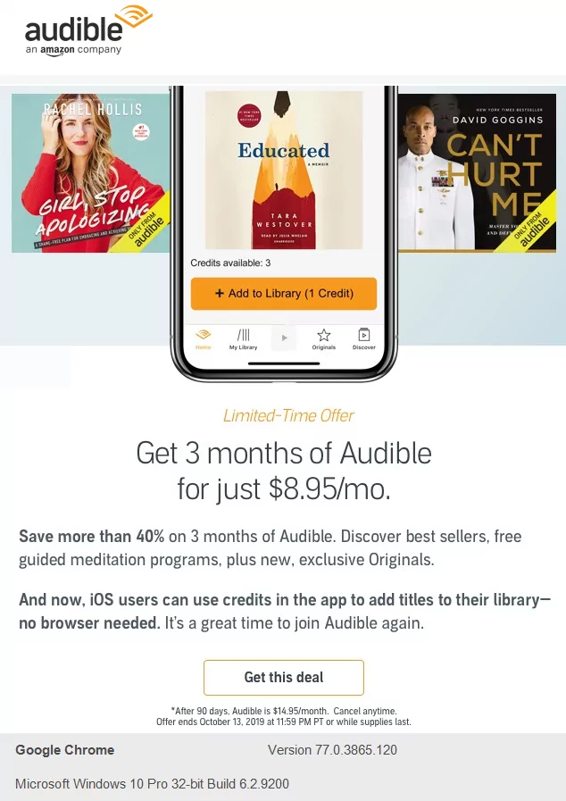 Audible engagement email design "get 3 months of audible for just $8.95/mo"