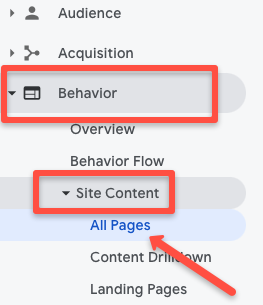 Google Analytics screenshot of how to access site content