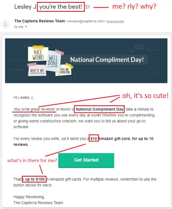 Capterra National Compliment day email offer to reward users