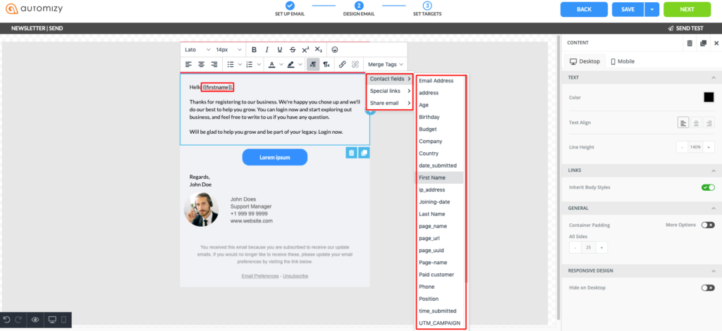 EMail personalization inside Automizy's email marketing software