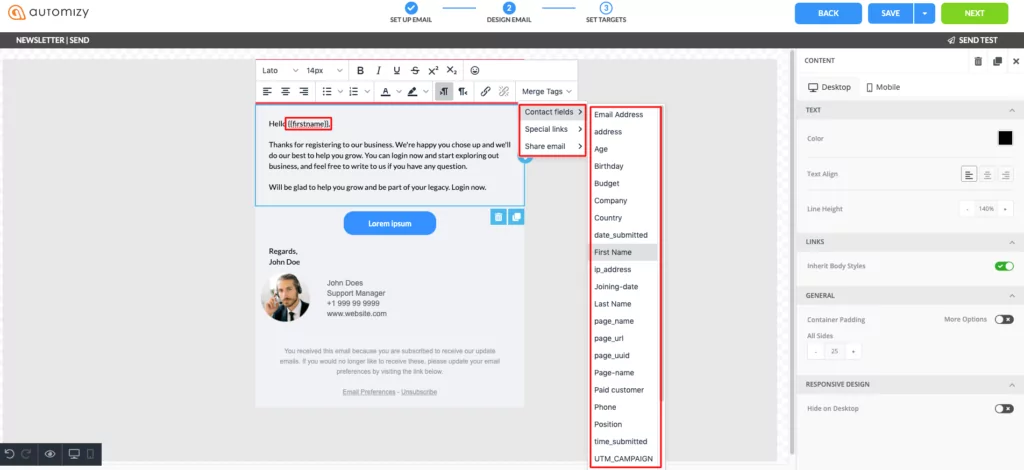Email personalization inside Automizy's email marketing software