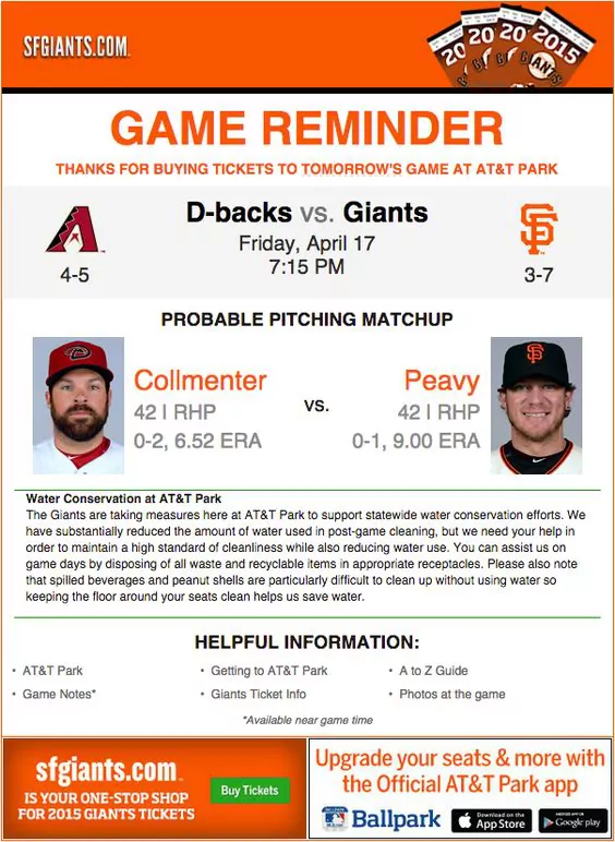 SF Giants event reminder email for their game with a thank-you note as customer delight and appreciation