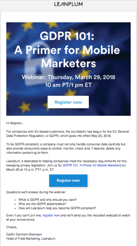 Leanplum webinar invitation email example