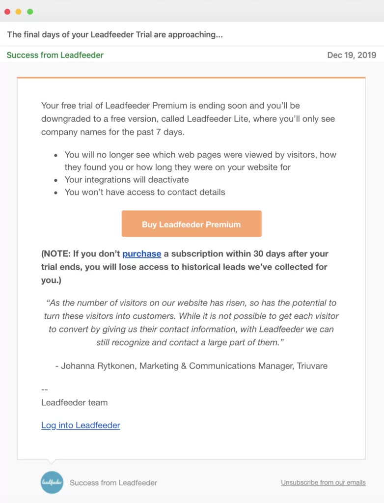 Leadfeeder email call to action example trial over