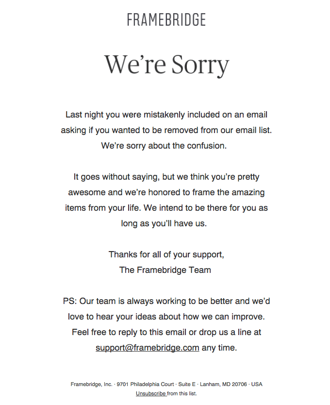 Framebridge apology email template