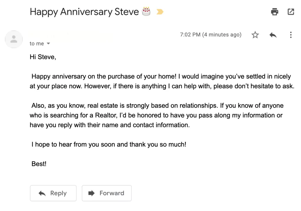 Real estate anniversary email idea to increase customer referral and engage customers