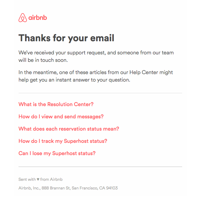 Airbnb "thanks for your email" confirmation email design