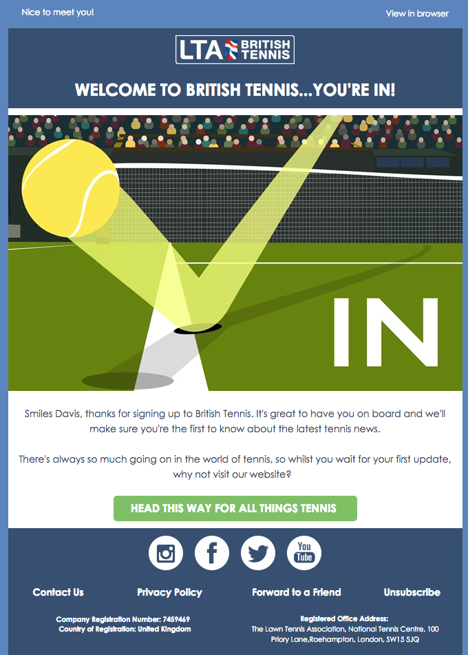 "Welcome to british tennis... You're in!"  welcome email design LTA