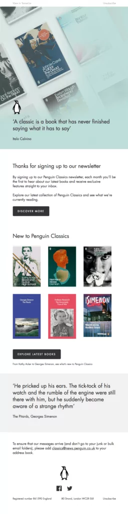 Penguin Classic subscription confirmation email sample