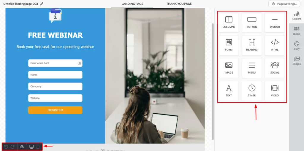 Landing page builder in Automizy