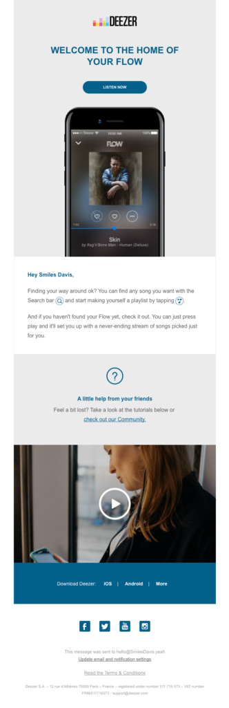 Deezer "Welcome to the home of your flow" responsive welcome email sample