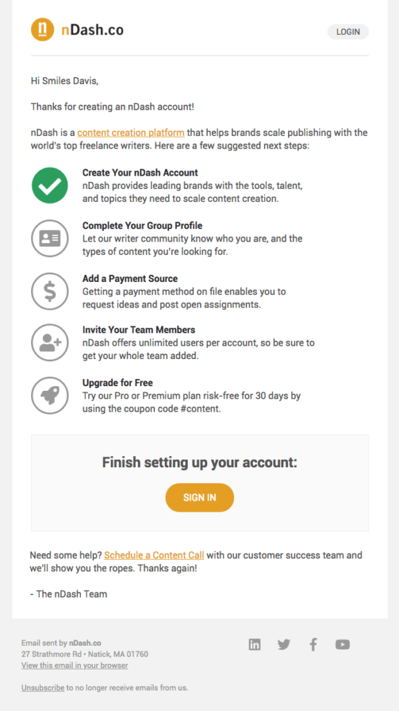 nDash welcome email example