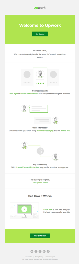 Upwork welcome email example