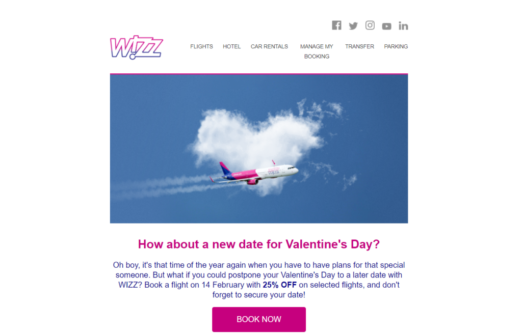 Wizzair send an email to inform their customers about a 25% off in a limited time email template