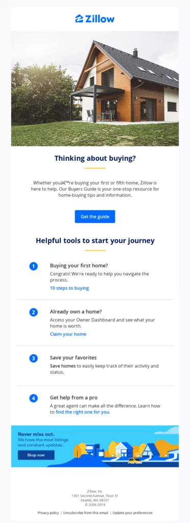 Real estate email example with multiple CTAs for different stages in the funnel